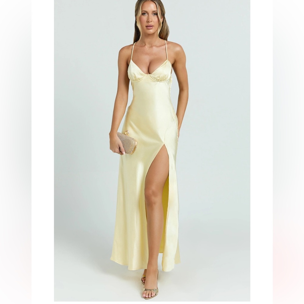 Heidi Maxi Dress - Satin Ruched Bust tie back dress in lemon